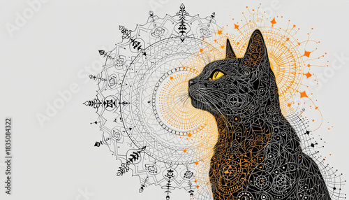 Intricate black cat with glowing eyes set against a detailed mandala and celestial patterns.