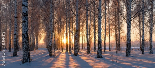 Birch Forest in Winter at Sunset with Golden Light and Snowy Ground