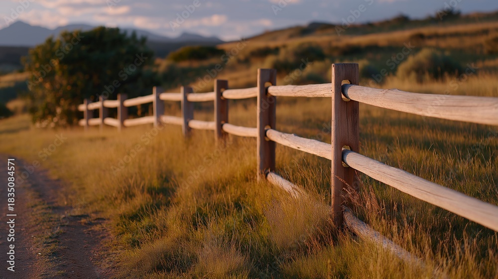 Fototapeta premium A weathered wooden fence lining a rural dirt road at golden hour, long shadows stretching across wild grass as a gentle breeze moves through the boards — rustic countryside charm, outdoor