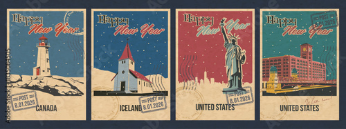 Happy New Year Greeting Cards, American Countries Main Attractions Postcards Retro Illustrations. Canada Cape Mudge Lighthouse, Iceland Vik i Myrdal Church, USA New York Statue of Liberty, Chicago