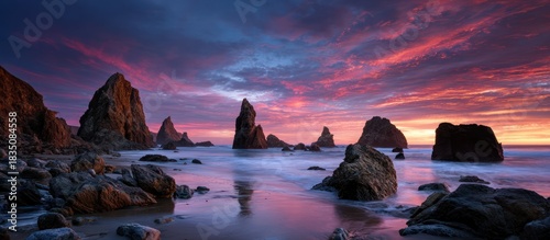 Rocky Coastline at Colorful Sunset Scenic Seascape Ocean Beach