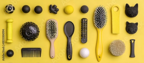 Arrangement of Black and Yellow Grooming and Pet Supplies on Yellow Background