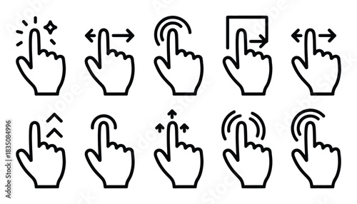 Hand gesture swipe big collection icons on white background, vector illustration featuring various swipe, tap, and touch gestures, ideal for app design, user interface graphics, mobile interactions, d