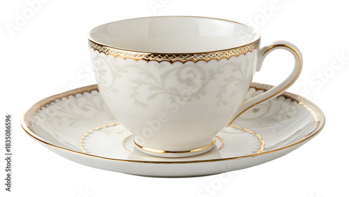 White porcelain coffee cup and saucer with gold pattern isolated on white