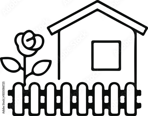 House with garden flower and fence outline icon, Simple line art illustration of a small house with a front fence and a blooming flower, symbolizing home, gardening, coziness, and peaceful living.

