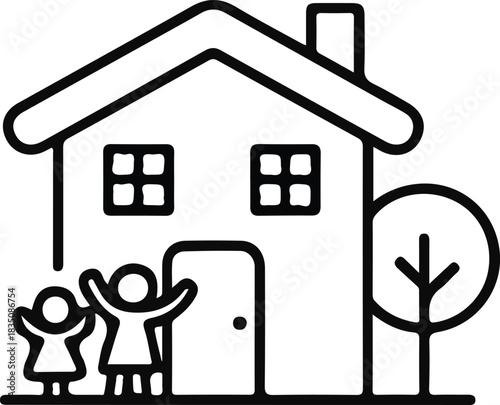 Family home with children outline illustration, Simple line art of a house with two cheerful children outside, symbolizing family life, home living, safety, and happy childhood environments.

