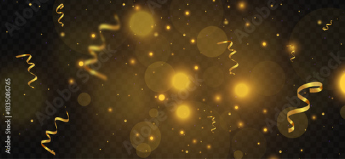 Golden confetti swirl background with soft sparkle glow and falling ribbon pieces