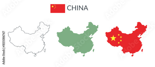 China geographical borders isolated on white background. Flag of China. Vector flat cliparts.