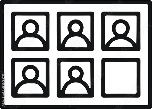 Video conference grid with participant icons, Minimal line art illustration of a screen displaying multiple participant icons in a video call grid, symbolizing online meetings and virtual collaborati
