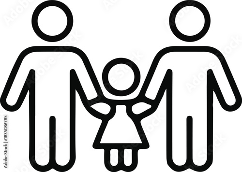 Family with parents and child outline icon, Simple line art illustration of two parents holding hands with a child, symbolizing family unity, parenting, love, and togetherness.

