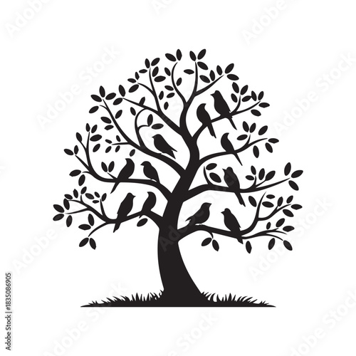 Black and White Silhouette of a Tree with Seven Birds Perched on Branches.