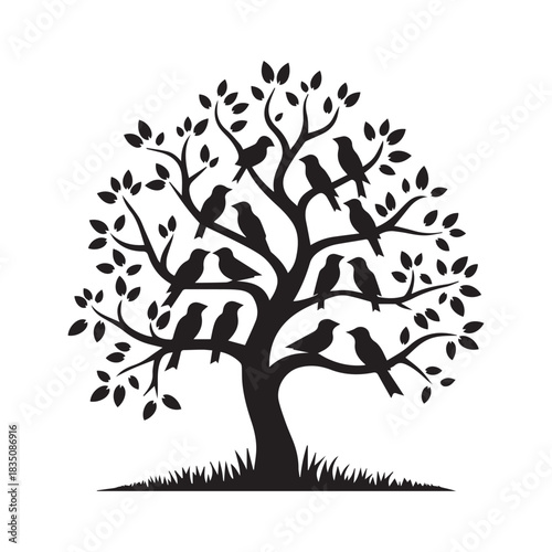 Black and White Silhouette of a Tree with Seven Birds Perched on Branches.