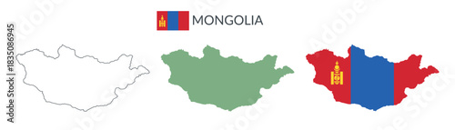 Mongolia geographical borders isolated on white background. Flag of Mongolia. Vector flat cliparts.