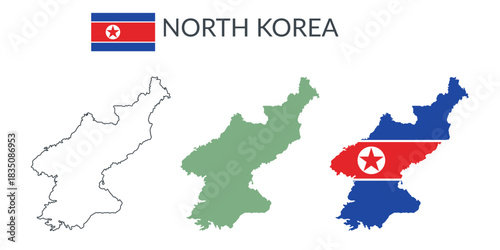North Korea geographical borders isolated on white background. Flag of North Korea. Vector flat cliparts.