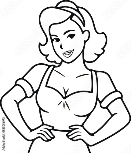 Confident retro pin-up style woman illustration, Line art drawing of a smiling, confident woman in vintage pin-up style, ideal for themes of retro fashion, empowerment, attitude, and character design
