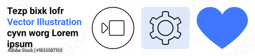 Video camera icon, gear icon in blue square, blue heart, editable placeholder text. Ideal for app design, web interface, multimedia platform, customization, creative branding user preferences