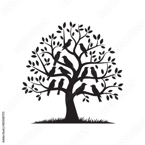 Black and White Silhouette of a Tree with Seven Birds Perched on Branches.