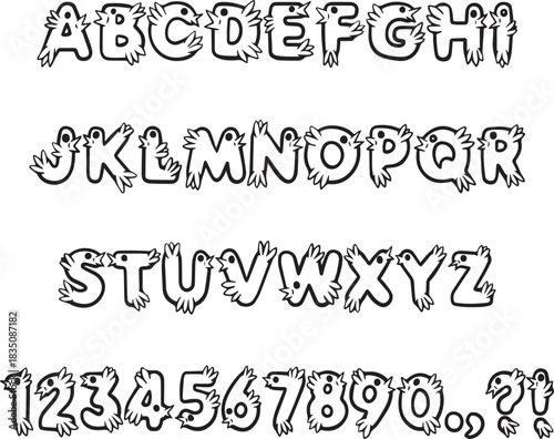 Funny cartoon bird typography font lettering ABC cartoon vector text