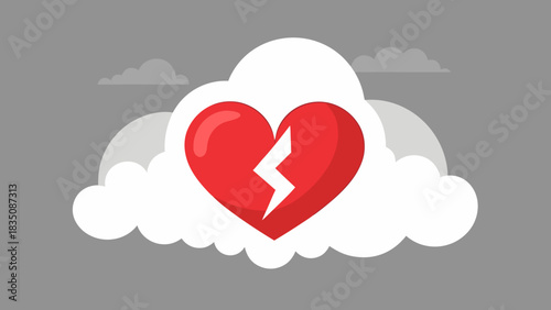 Anti-Valentine aesthetic. Broken red heart with lightning crack on white cloud, flat emotional concept on gray background in trendy Cloud Dancer color
