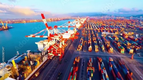 Stunning aerial view of a busy international container port at sunset, featuring massive gantry cranes loading a ship and colorful shipping containers lined up for global trade and logistics.