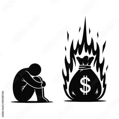 Financial loss and despair a silhouette of a person next to burning money