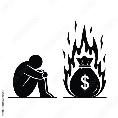 Financial loss and despair a conceptual illustration of burning money and sadness