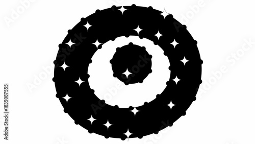 Abstract black and white concentric circles with star and dot patterns creating depth and contrast