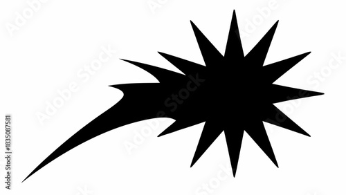 Black starburst shape with a tail trailing behind it on a white background illustration art design