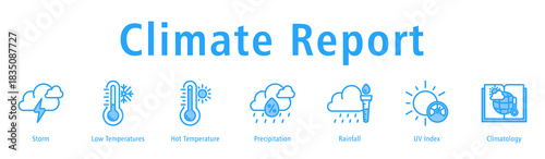 Climate Report web banner icon vector illustration with icons of Storm, Low Temperatures, Hot Temperature, Precipitation, Rainfall, UV Index, and Climatology.