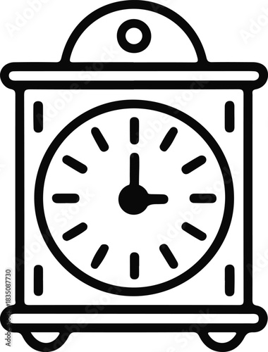 Vintage Clock Timekeeping Line Icon, Black outline illustration of a classic clock showing time, representing punctuality, schedule, time management, and traditional timekeeping concept.

