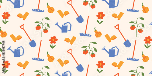 Childish Garden Tools Boots Watering Can Rakes Shovels Tomatoes Pumpkins and Flowers seamless pattern. Cute flat vector repeat for kids textile wrapping paper decor