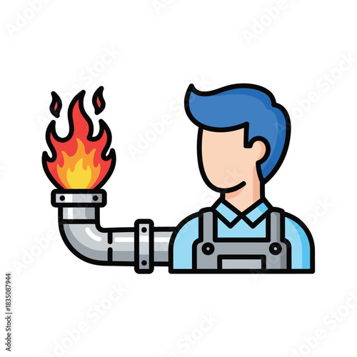 Plumber with flaming pipe cartoon illustration of a tradesman with a plumbing issue