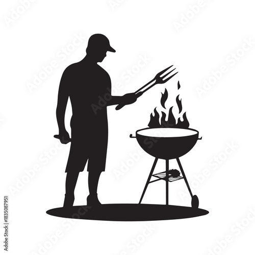 Black Silhouette of a Man Grilling Food Over Hot Flames on a BBQ. 