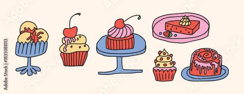 Colorful Dessert Sweets with Ice Cream, Cupcake, Cheesecake and Cinnamon Roll on Plates. Hand drawn Childish Bakery Food doodle, clip art Set. Flat graphic Vector illustration.