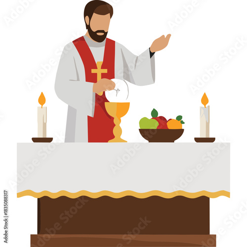Priest In White Robe And Red Stole Conducting A Religious Ceremony With Burning Candles And A Bowl Of Fruit On The Altar