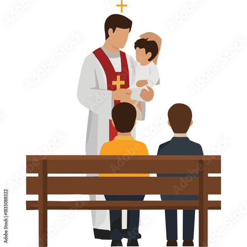 Priest in White Robe Holding a Baby During a Religious Ceremony with Two People Sitting on a Wooden Bench Observing the Event in a Simple Interior Setting