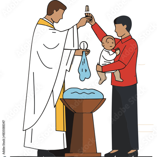 Priest Performs Baptismal Ritual Pouring Water Onto Infant Held By Parent In A Church With A Baptismal Font And White Vestments And Yellow Sash And Red Shirt
