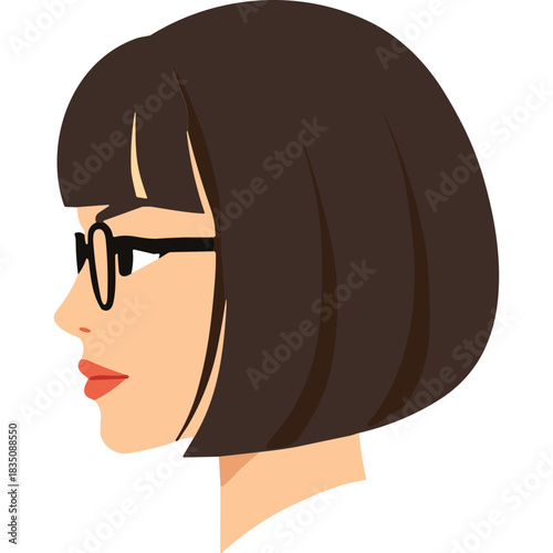 Profile of a Woman with Short Brown Bob Haircut and Glasses Wearing Red Lipstick and Black Top Isolated on Black Background Realistic Vector Illustration
