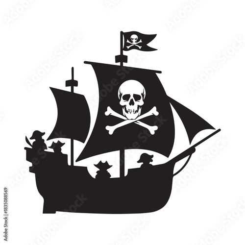 Black Silhouette of a Tall Ship Sailing Dramatically on Rough Sea Waves.