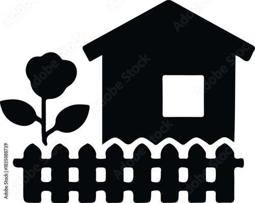 House with Garden Fence Icon, Simple black silhouette illustration of a home with fence and flower, representing housing, garden, family property, and suburban living concept.

