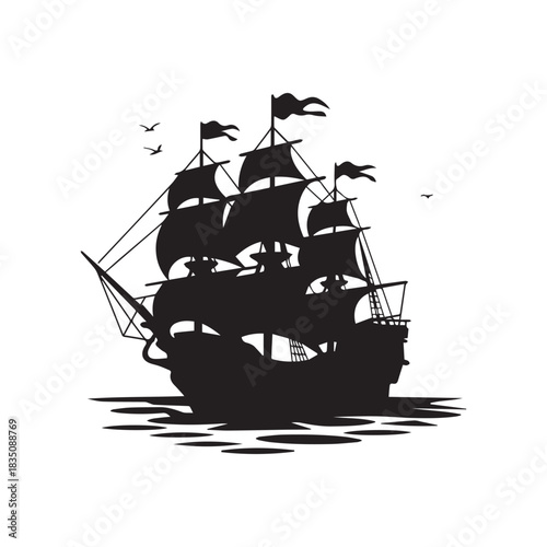 Black Silhouette of a Tall Ship Sailing Dramatically on Rough Sea Waves.