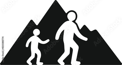 Parent and Child Hiking Mountain Trail, Minimalist silhouette illustration of an adult and child hiking together in mountains, symbolizing family adventure, guidance, outdoor activity, and exploratio
