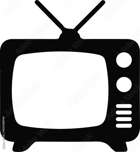 Retro Television Silhouette Icon Illustration, Black retro television silhouette with antenna, isolated on white background, classic TV icon representing media, broadcasting, and entertainment concep
