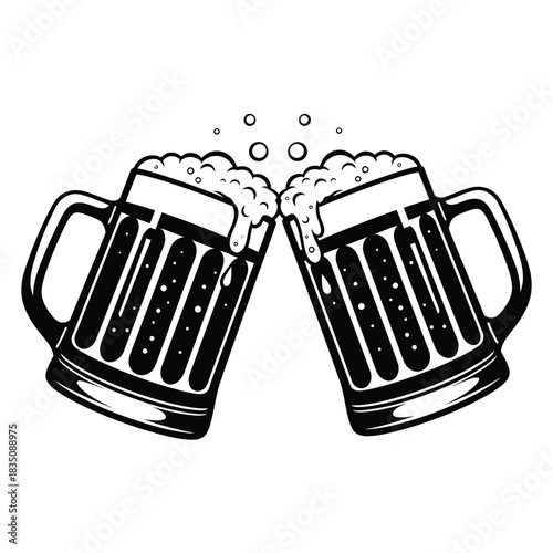 Two beer mugs clinking together in a toast black and white illustration