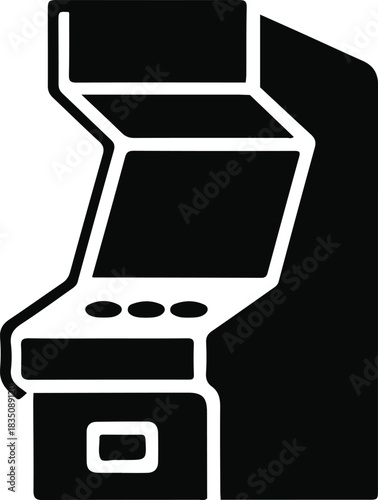 Arcade Game Machine Icon Illustration, Black arcade cabinet icon representing classic video games, retro entertainment, and gaming culture symbol isolated on white background.

