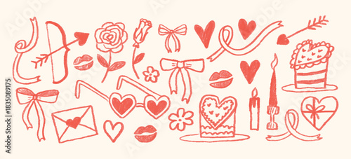 Valentines Day doodle set with hearts, bows, roses, candles, cake, arrows, gifts and romantic symbols. Hand drawn crayon style vector elements for greeting cards, posters and decoration
