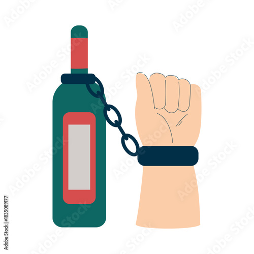 Alcoholism Addiction as Social Problem with Hand Chain to Bottle Vector Illustration