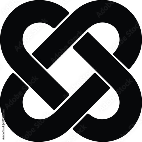 Interwoven abstract knot loop symbol design, Bold black geometric knot symbol forming an interwoven loop, ideal for concepts of unity, connection, strength, continuity, and abstract branding.

