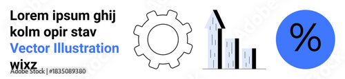 Business growth, analytics, financial data insights, economic trends, process management, performance measurement. Gear cog, bar graph percent symbol in minimal design. Business growth and analytics