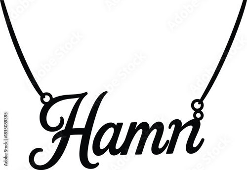 Black script nameplate necklace with the word Hamn on white background jewelry custom